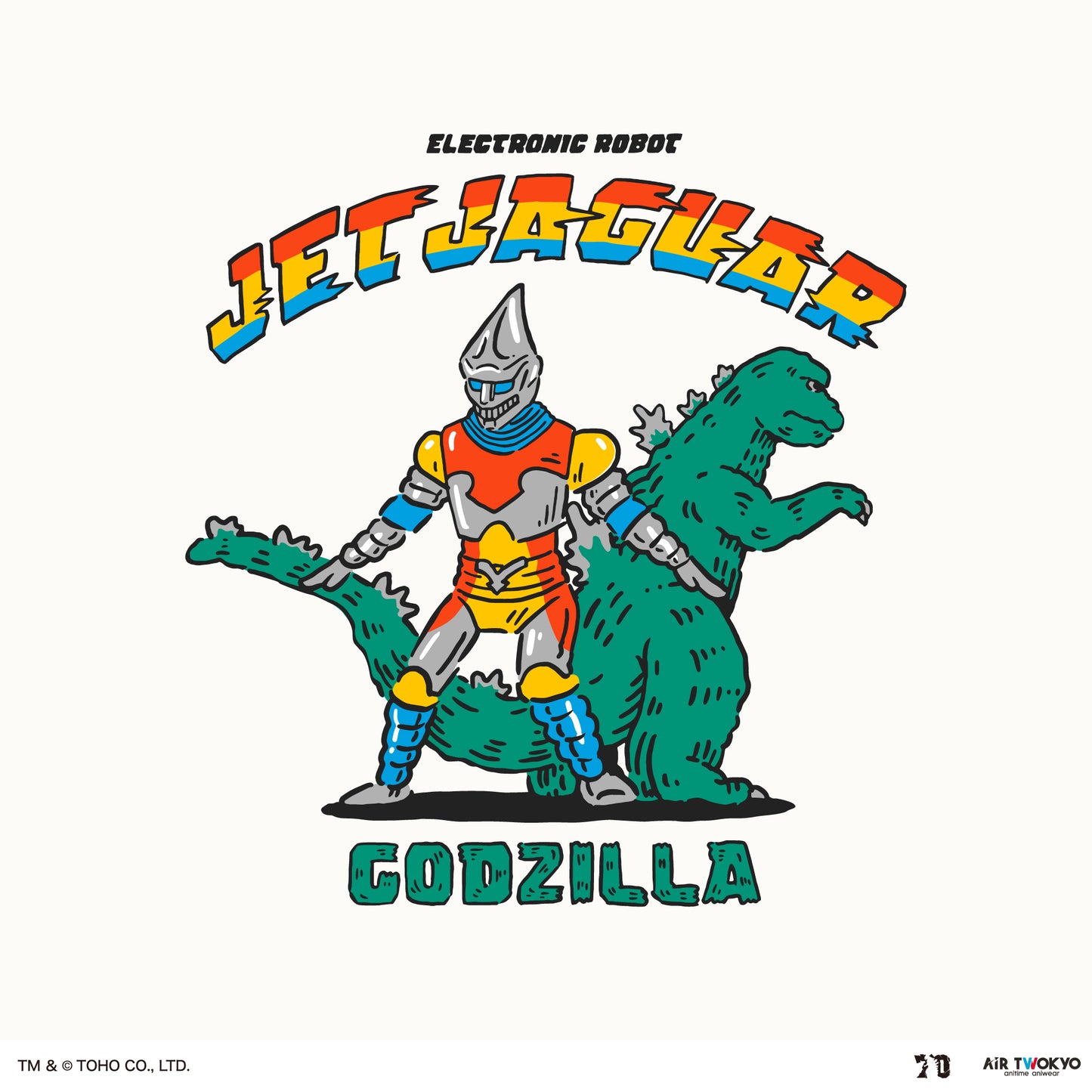 Godzilla 70th Anniversary Godzilla Showa Era Scene Illustration T-shirt 4 (Jet Jaguar & Godzilla)